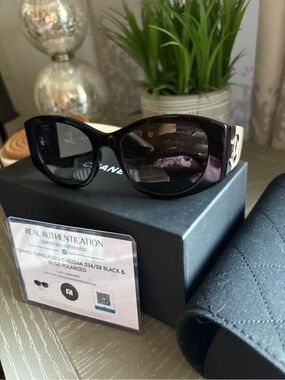 CHANEL Oval Polarized Black Sunglasses with Beige Inner Accents